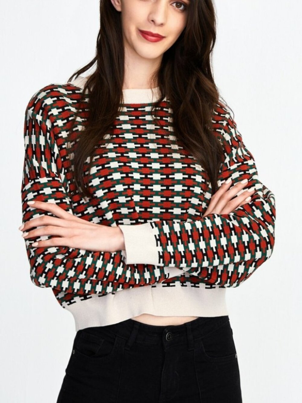 525 America  Jacquard Knit Cropped Sweater